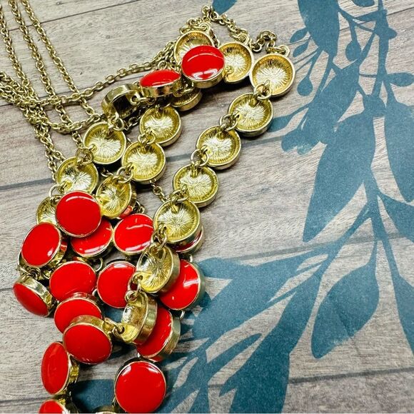 Gold Red Enamel Circles Multi Strand Necklace 22-24 In B3 - Picture 3 of 3
